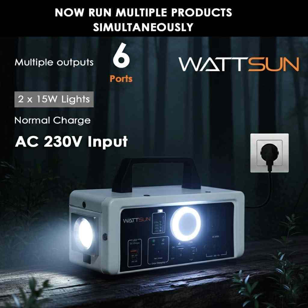 Wattsun 450W Portable Power Station | 296Wh Lithium Battery | 6 Output Ports | IP32 Rated | 15W LED Light